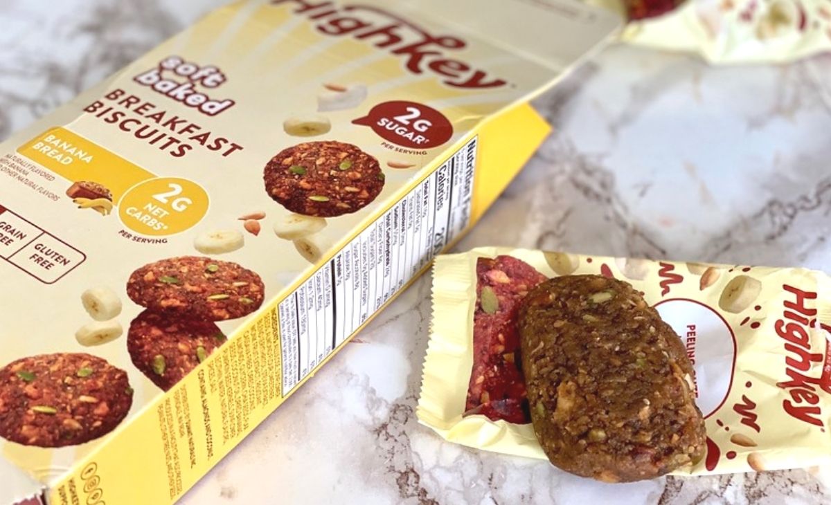 A banana bread snack next to the original box on a counter