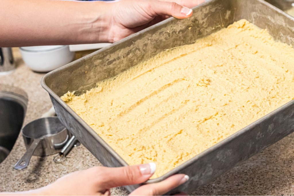 cake batter in cake pan