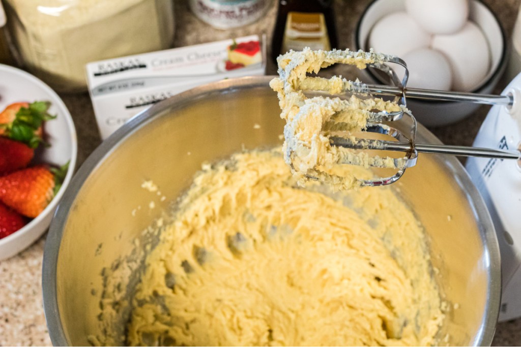 cake batter in mixing bowl