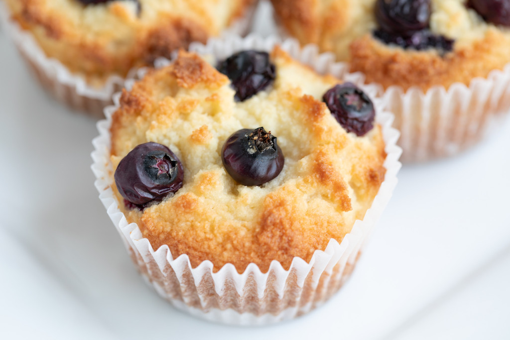 close up of keto blueberry muffin 