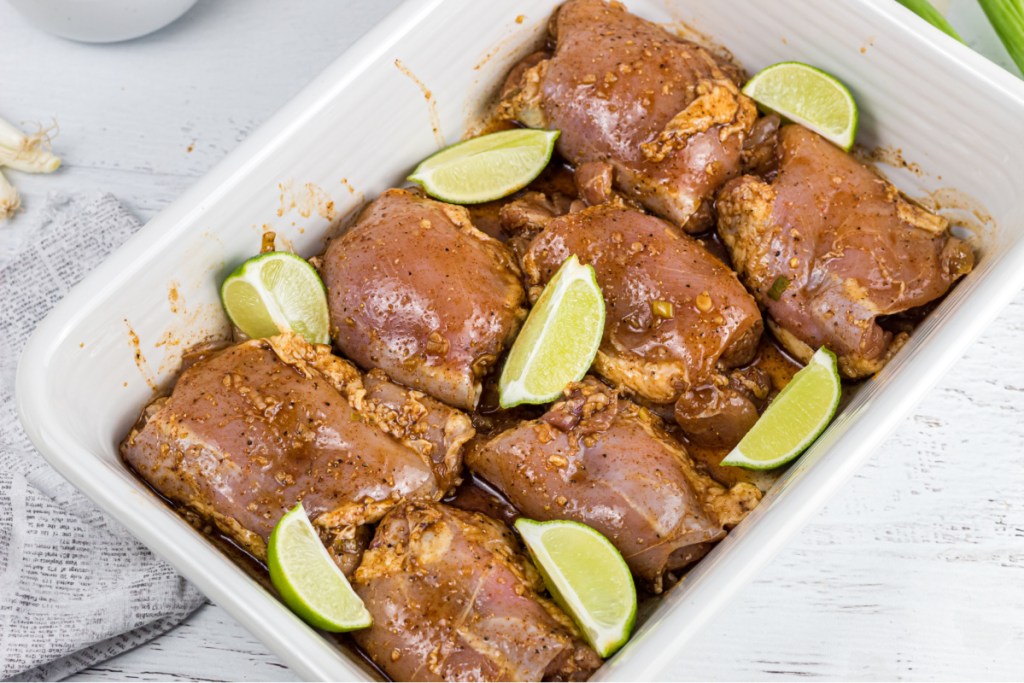 marinaded chicken in baking dish 