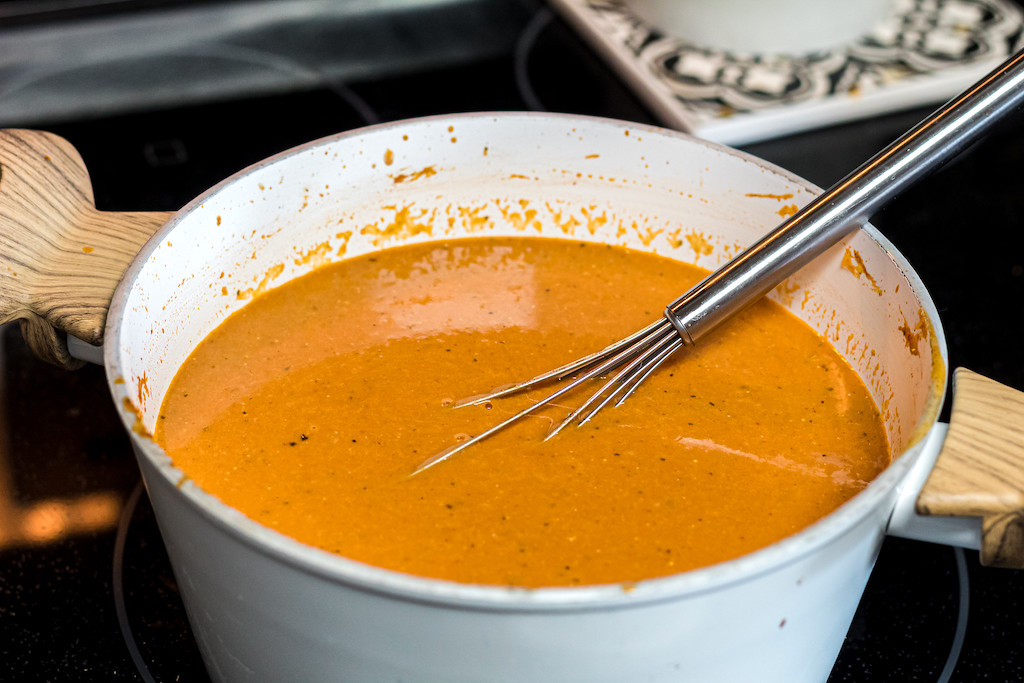 keto pumpkin soup in large pot 