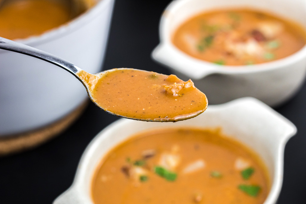 keto pumpkin soup on spoon