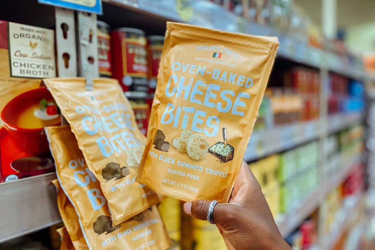 bags of cheese bites on a shelf at Trader Joe's
