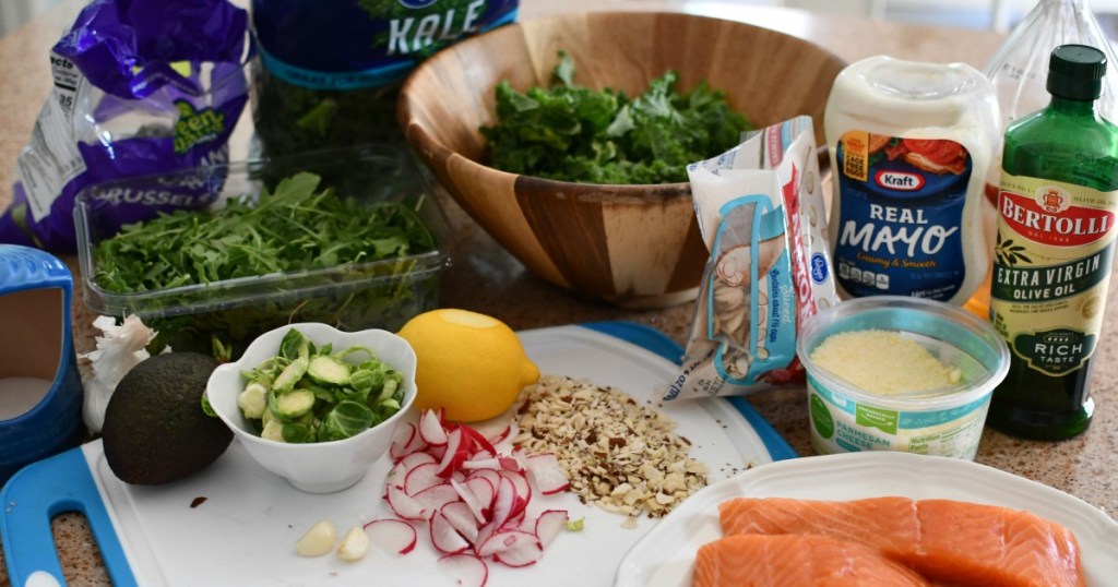 ingredients for almond crusted salmon salad