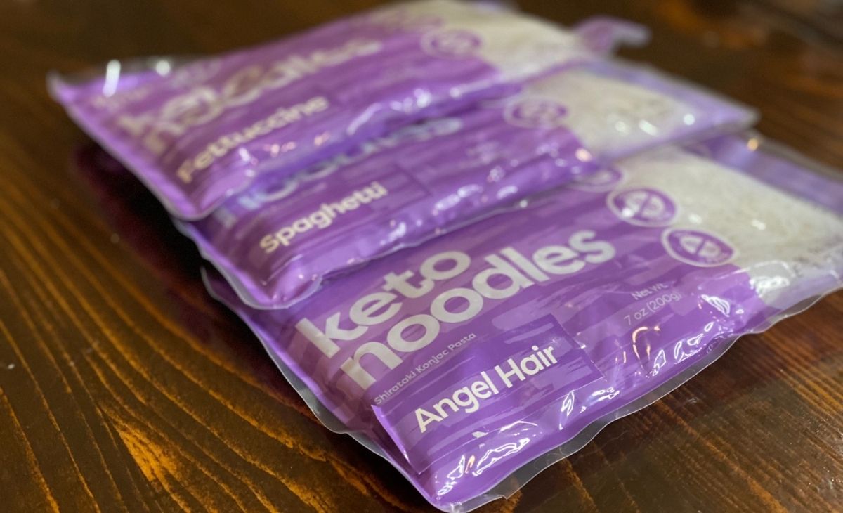 3 bags of keto noodles on a table