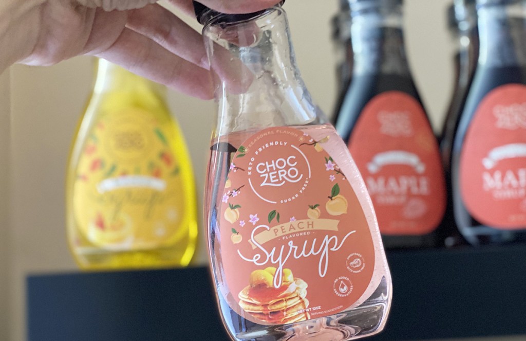 peach choczero syrup and other syrups on shelf