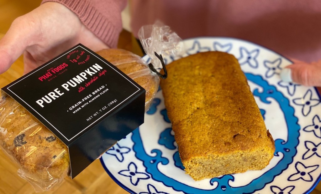 hand holding a loaf of pumpkin bread for keto pumpkin giveaway