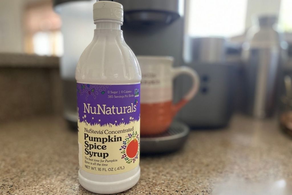 NuNaturals sugar-free pumpkin spice syrup on counter