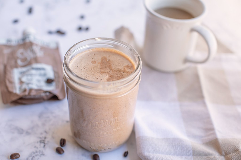 mason jar with coffee and superfat nut butter coffee creamer