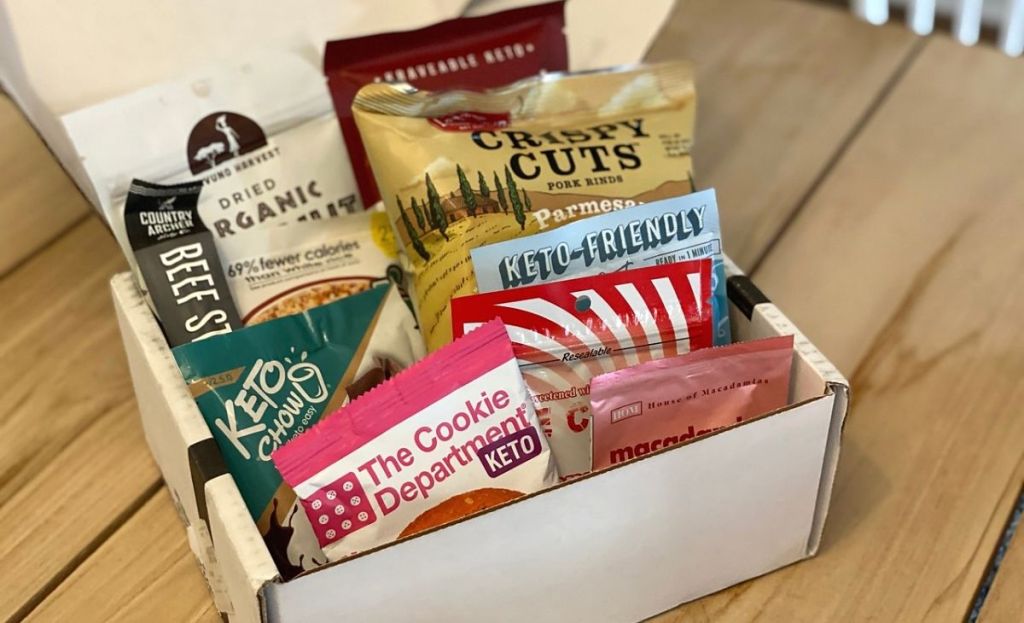 A box full of low-carb snacks on a table