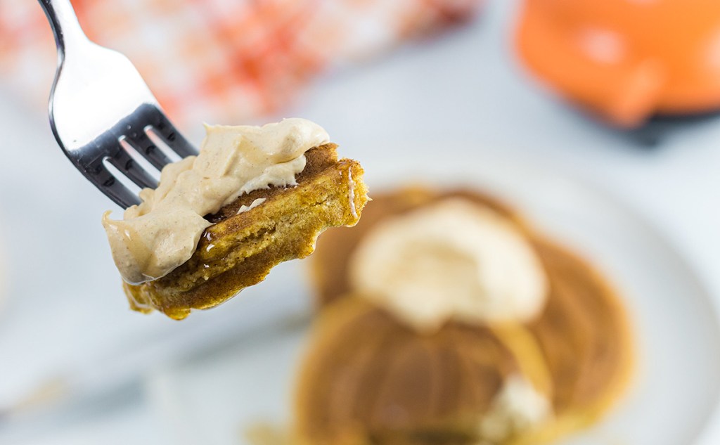 fork with bite of Keto Pumpkin Chaffle