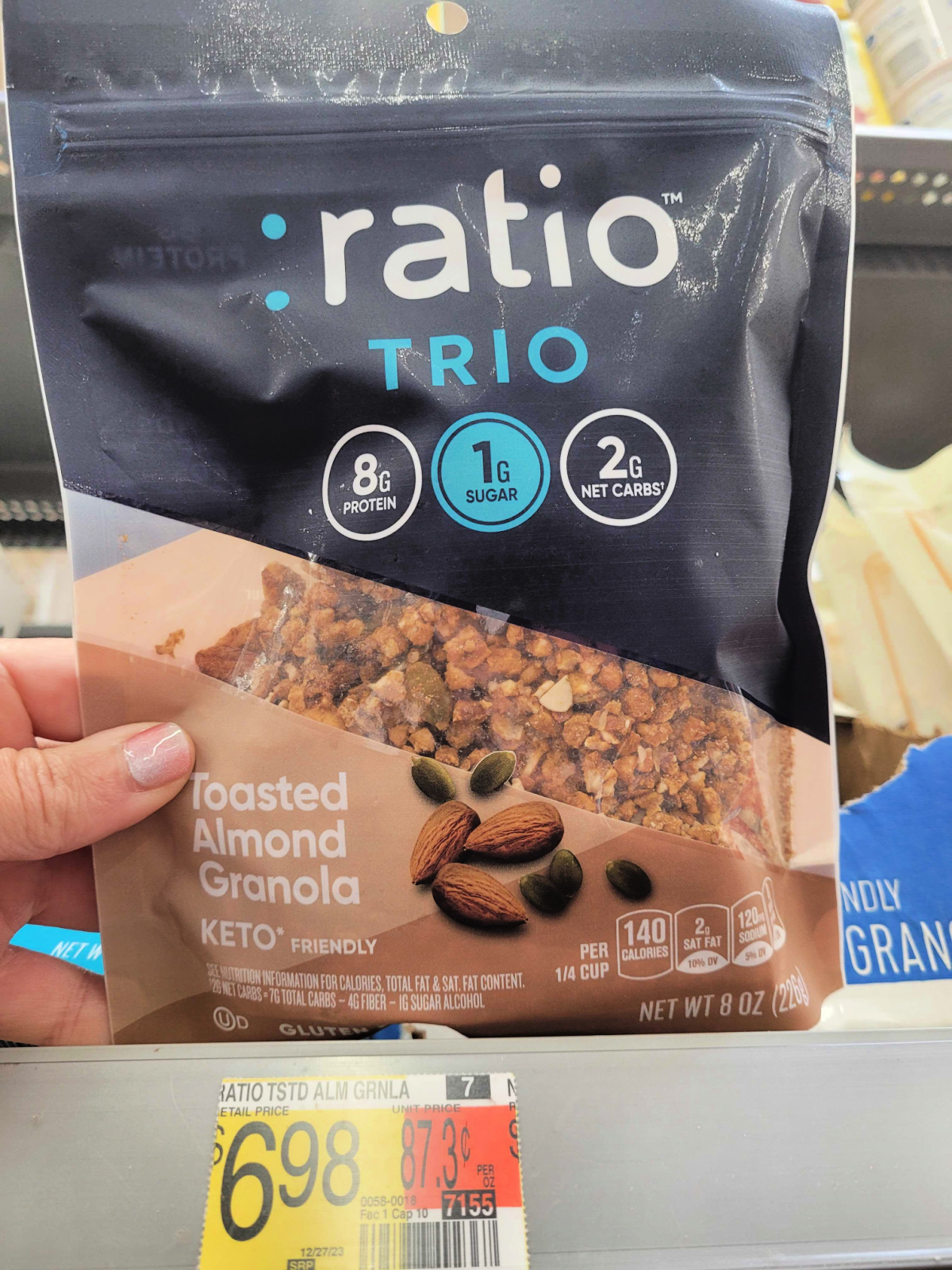 Package of Ratio toasted almond granola at Walmart