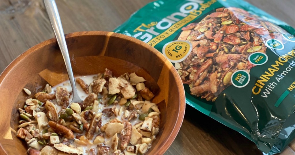 keto granola in bowl with almondmilk