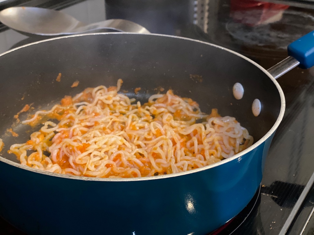 keto noodles in pan with pasta sauce 