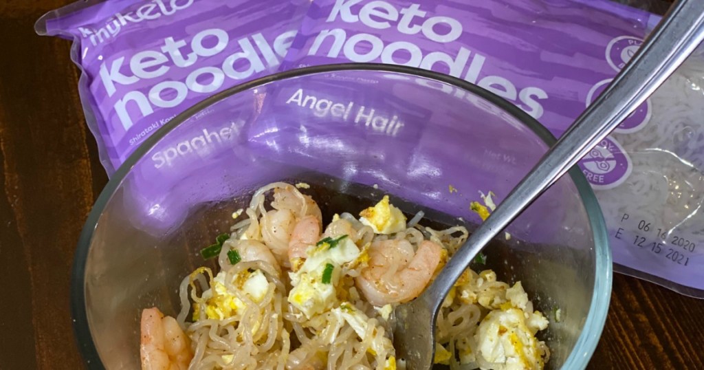 keto noodles in bowl with shrimp