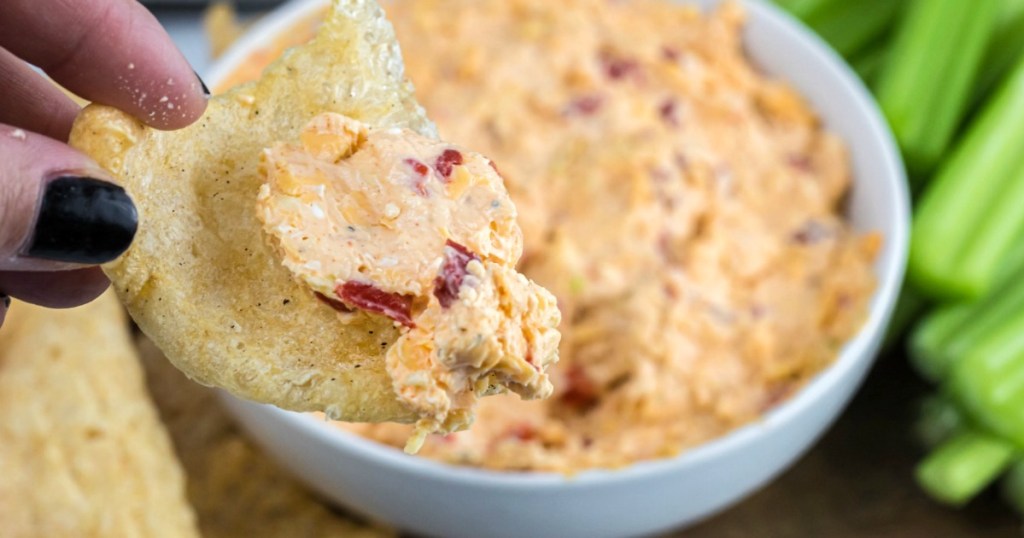 pork rinds with pimento cheese dip