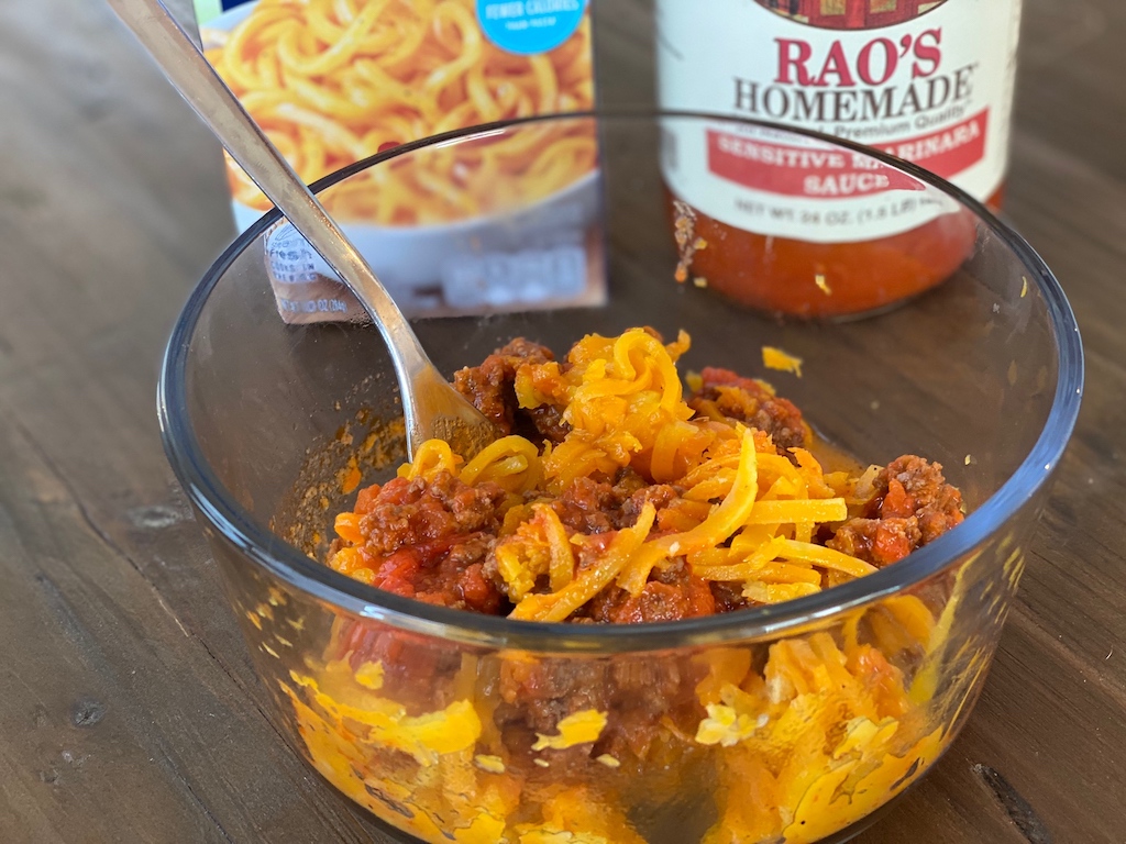 butternut squash noodles in bowl with meat sauce 