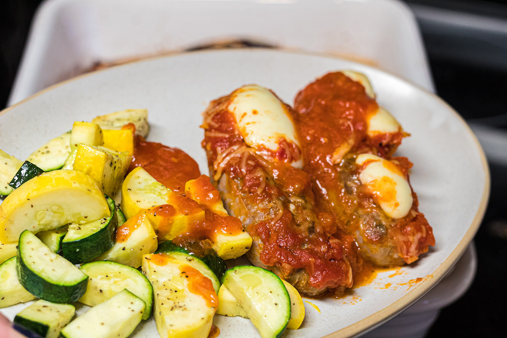 cheese stuffed sausages with keto veggies 