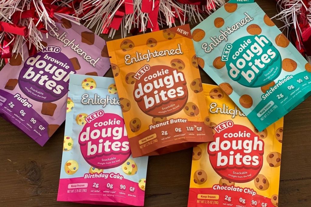 Bags of cookie dough bites on a table