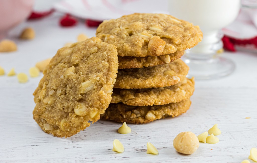 Keto White Chocolate macadamia nut cookies on table