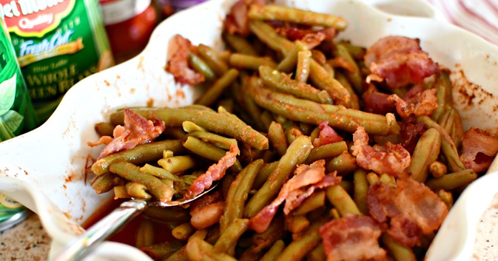 casserole dish with keto bacon green beans