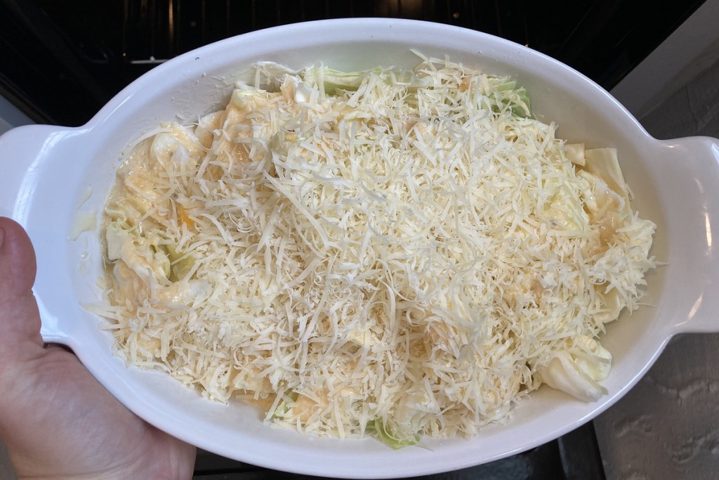 scalloped cabbage casserole ready for oven