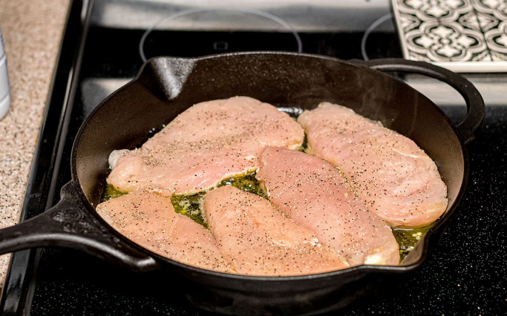 chicken breasts in cast iron pan