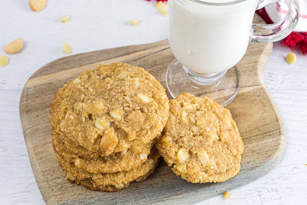 keto white chocolate macadamia nut cookies on cutting board