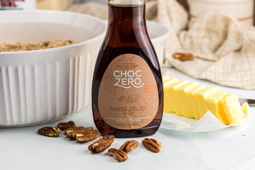 ChocZero maple pecan syrup on counter 