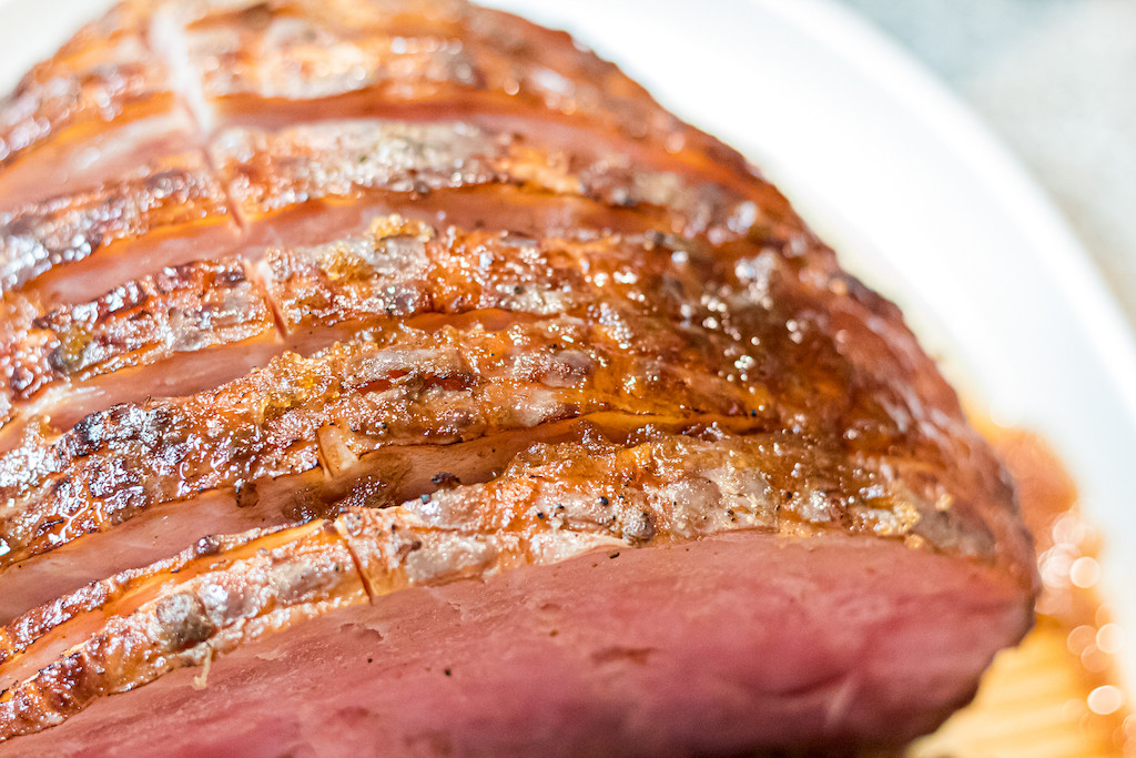 close up of slow cooker sliced ham