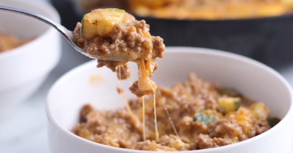 keto hamburger helper in a bowl with a spoon