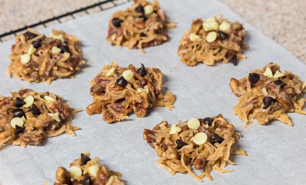 keto pecan coconut cluster cookies on pan