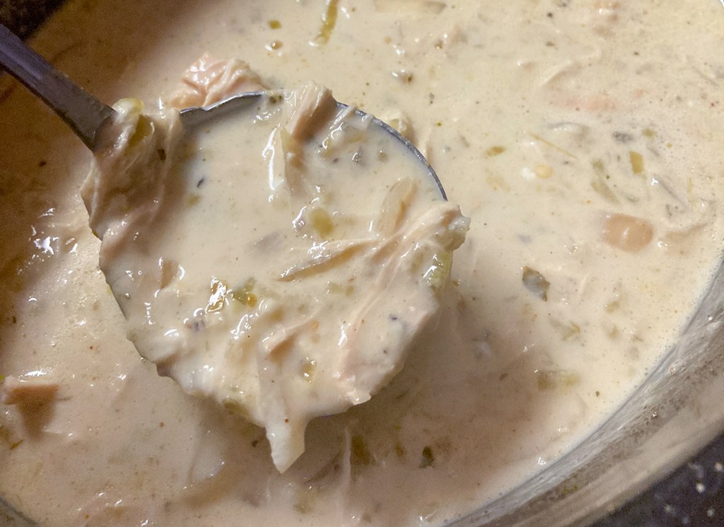 ladle spooning keto geen enchilada soup