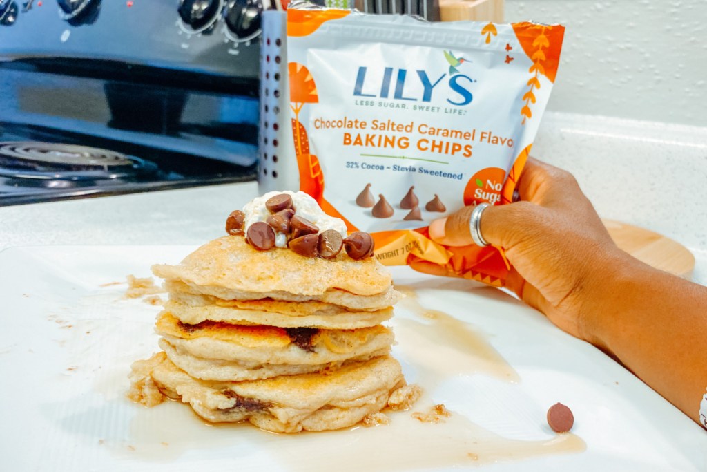 salted caramel baking chips on pancakes