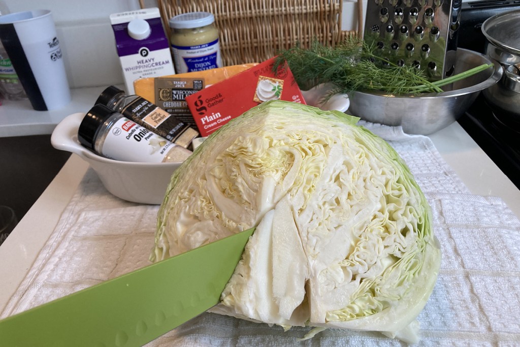 removing core from cabbage with knife
