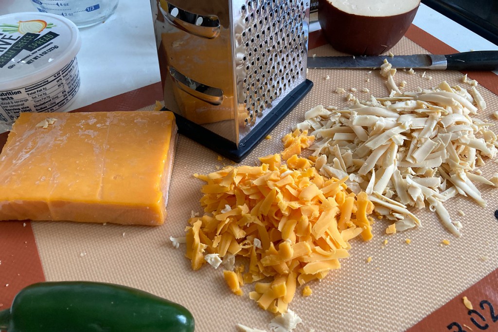 shredded gouda and cheddar