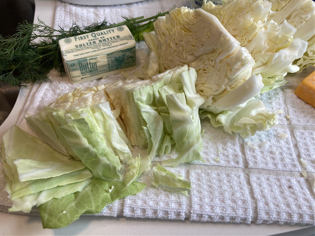 slicing cabbage into potato like bites
