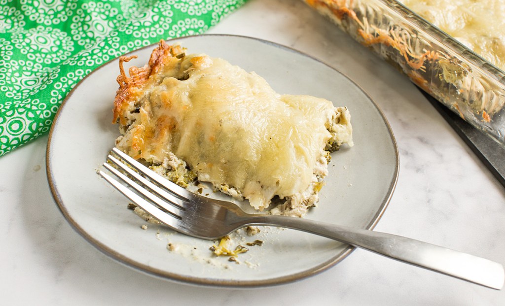 keto chicken broccoli pesto casserole on a plate