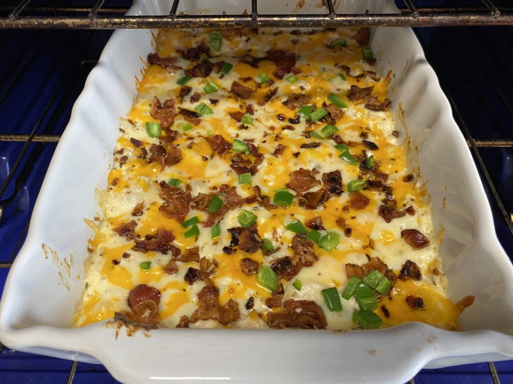 keto chicken jalapeno popper casserole in oven