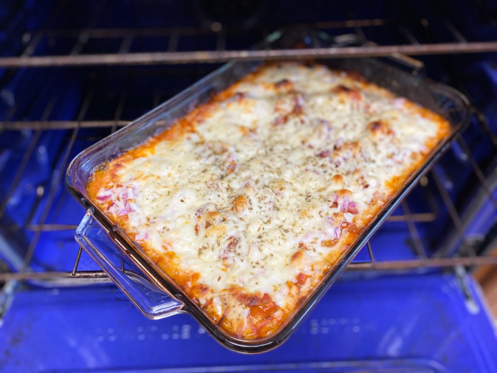 Keto Chicken Pepperoni Casserole in the oven