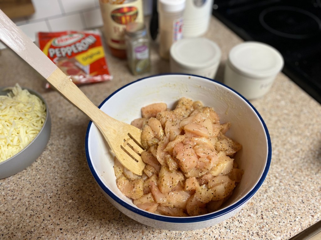 diced chicken in mixing bowl