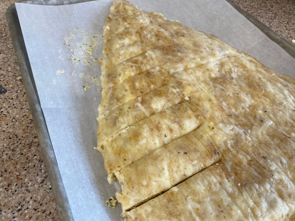 slices made in keto Christmas tree breadsticks