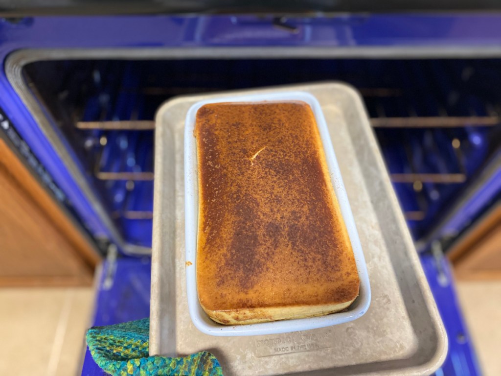 Keto egg loaf being pulled out of the oven