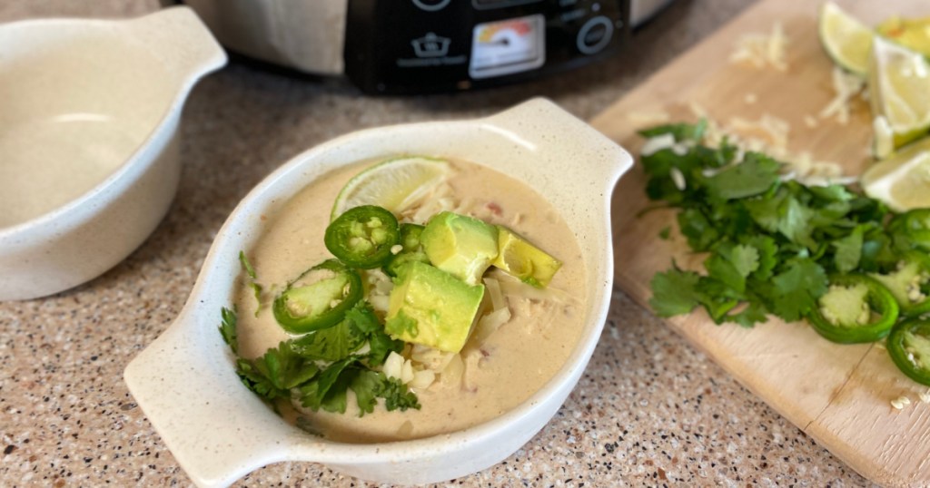 Keto White Chicken Chili in a bowl