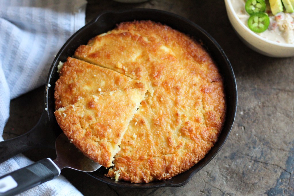 finished low carb cornbread in a cast iron skillet