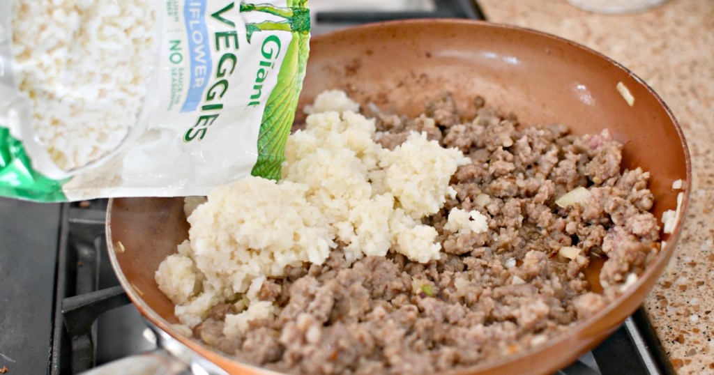 adding frozen cauliflower to ground sausage