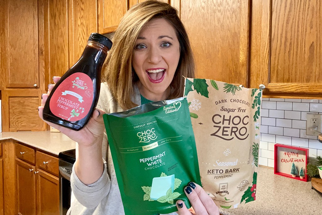 woman holding choczero peppermint products