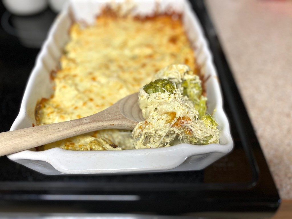 serving chicken broccoli pesto casserole 