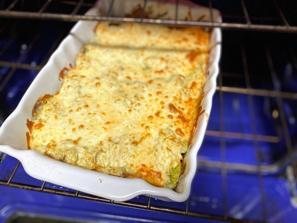 chicken broccoli pesto casserole in oven 